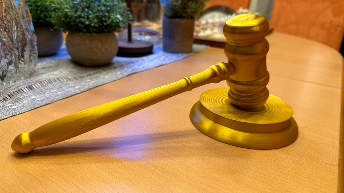 3D Printed Gavel and Sound Block, Gold Courtroom Prop, Lawyer Gift - product image 1