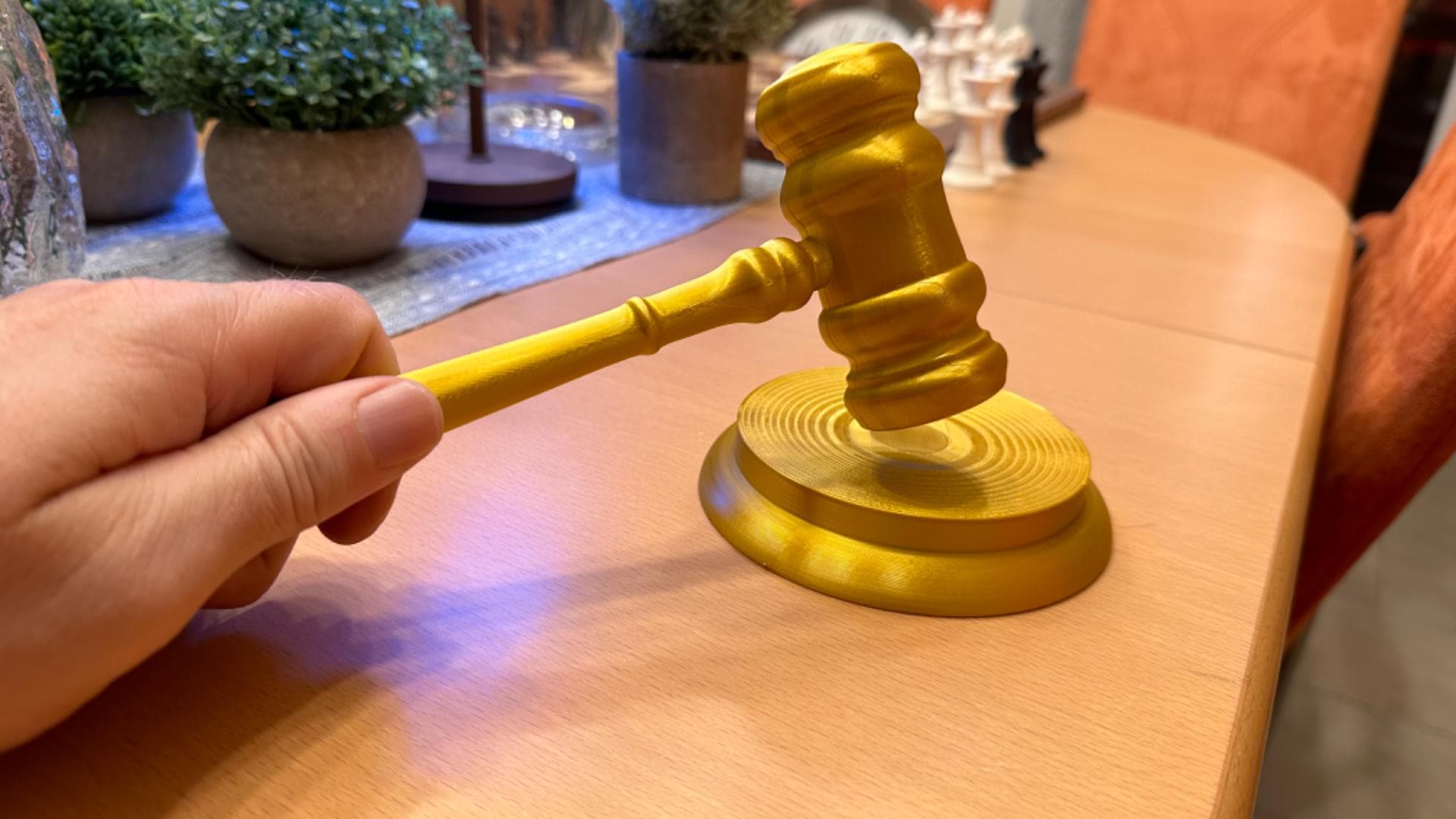 3D Printed Gavel and Sound Block, Gold Courtroom Prop, Lawyer Gift - product image 4