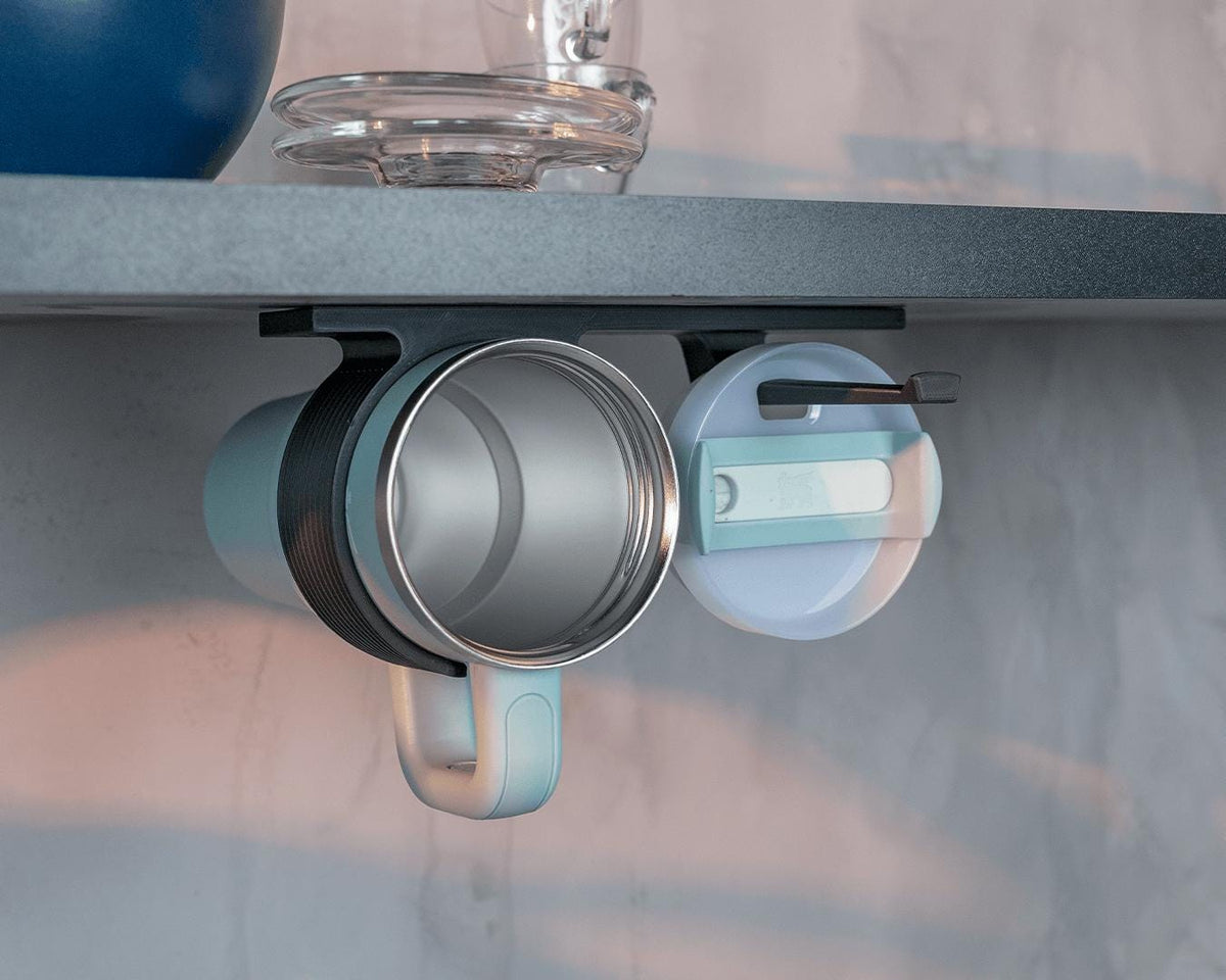 Under Cabinet Cup Holder Rail, 3D Printed Mug Rack, Under Shelf Tumbler Organizer, Space Saving Kitchen Storage, No Drill Coffee Mug Hanger