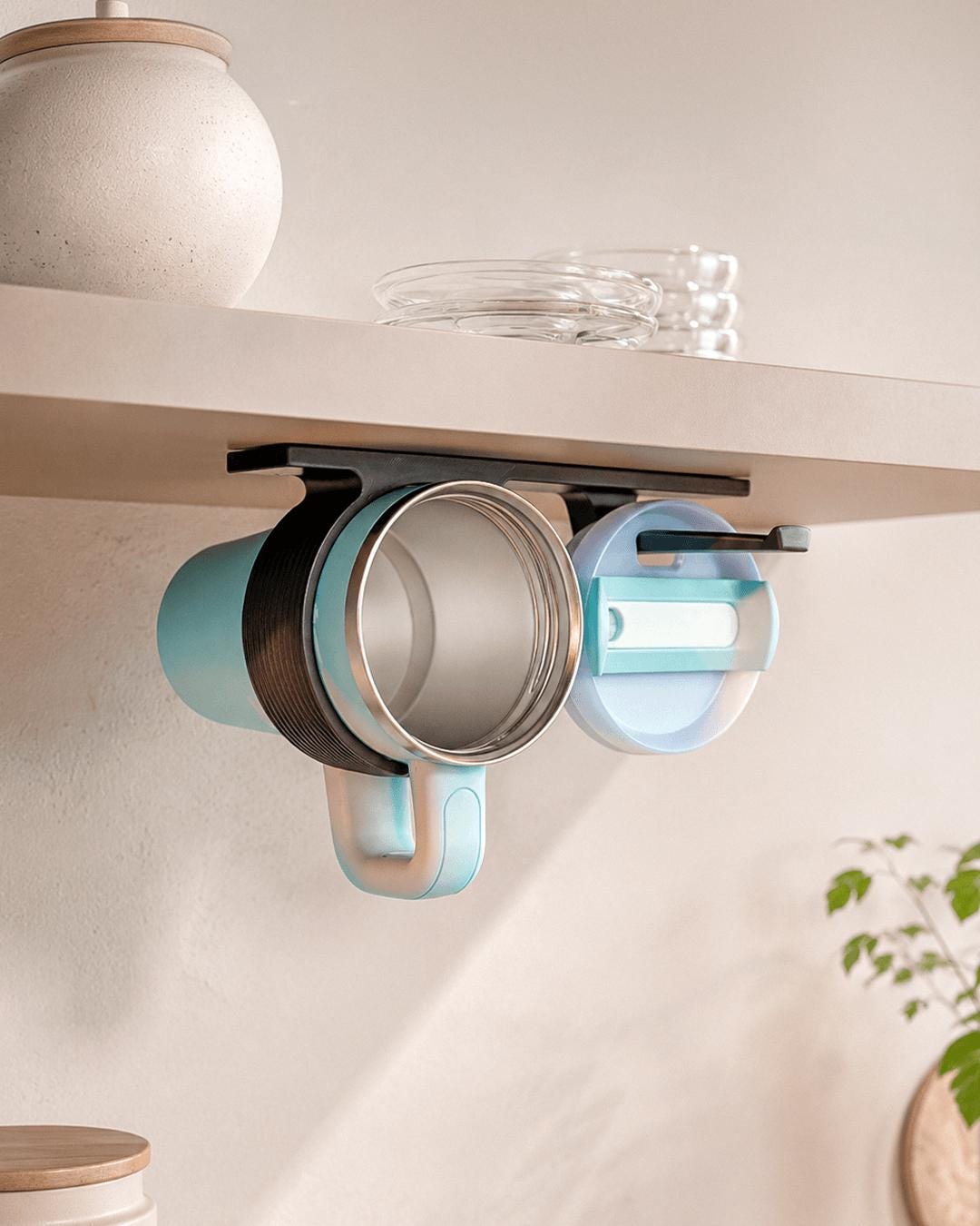 Under Cabinet Cup Holder Rail, 3D Printed Mug Rack, Under Shelf Tumbler Organizer, Space Saving Kitchen Storage, No Drill Coffee Mug Hanger