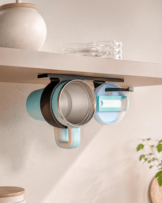 Under Cabinet Cup Holder Rail, 3D Printed Mug Rack, Under Shelf Tumbler Organizer, Space Saving Kitchen Storage, No Drill Coffee Mug Hanger