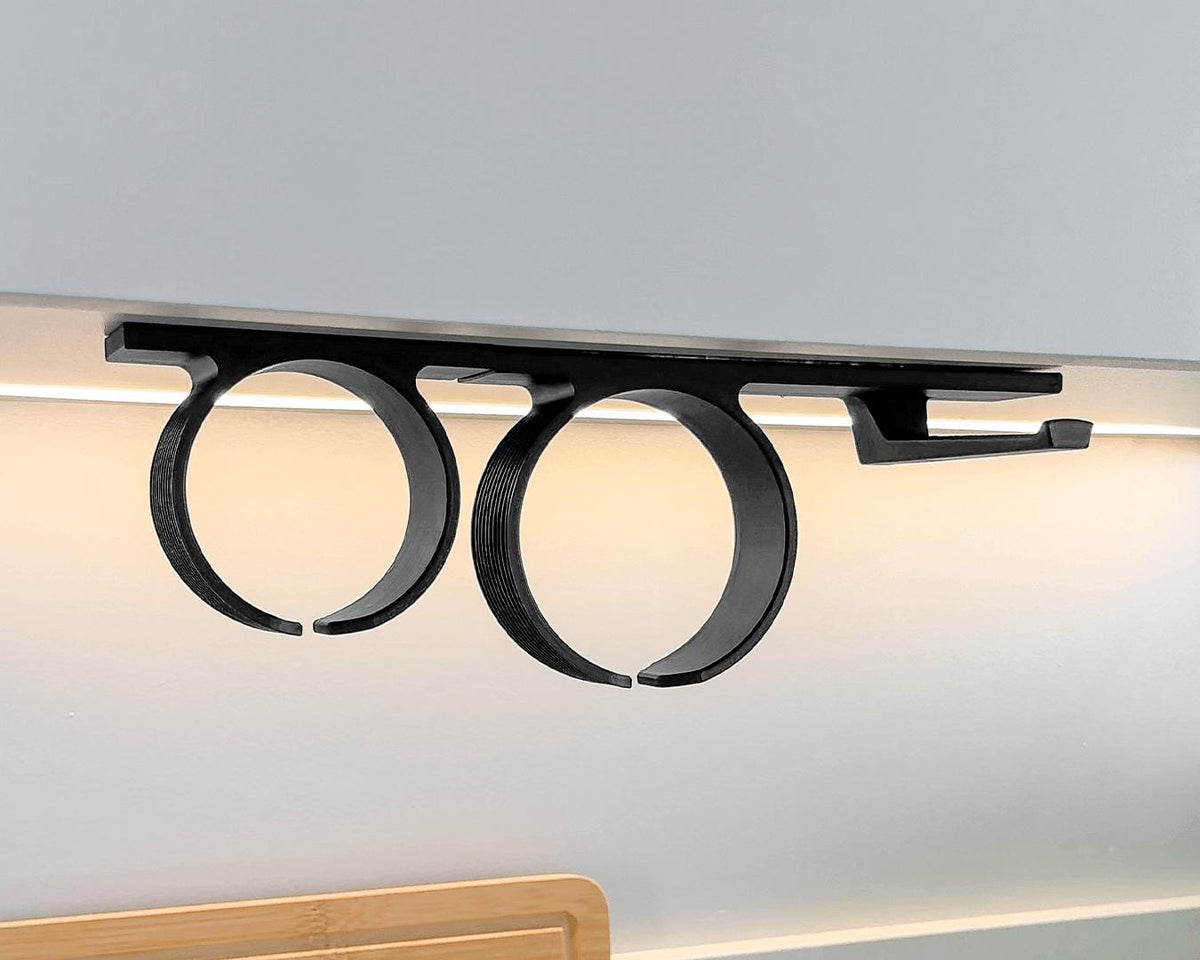 Under Cabinet Cup Holder Rail, 3D Printed Mug Rack, Under Shelf Tumbler Organizer, Space Saving Kitchen Storage, No Drill Coffee Mug Hanger